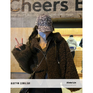 复古甜妹 2022新款 巧克力棕双拉头羊羔毛夹克外套 lin Xinlei