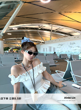 Xinlei Lin “奶霜月光”超jue版型露肩显瘦一字肩上短袖T恤女
