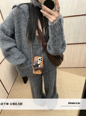 Xinlei Lin“半眠日记”羊驼毛小翻领深V上衣慵懒长裤套装女春季
