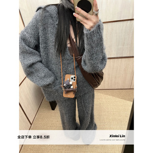 Lin 女春季 半眠日记 套装 羊驼毛小翻领深V上衣慵懒长裤 Xinlei