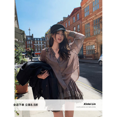 Xinlei Lin 爆款加色 珠光雪纺飘逸不规则衬衫不规则蕾丝半裙套装