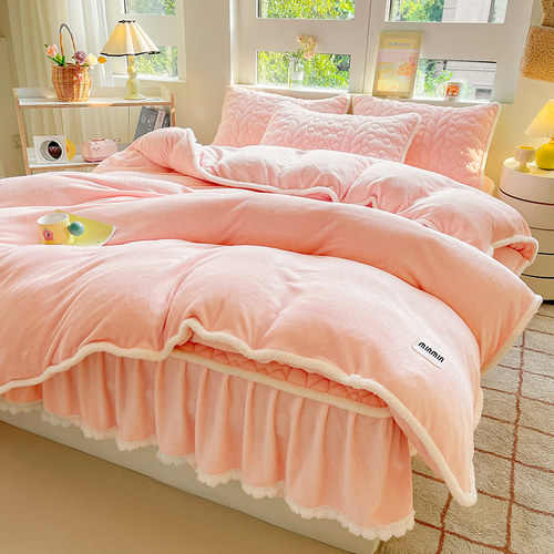 冬季加厚保暖牛奶绒四件套床裙床笠二合一珊瑚绒加绒被套床套三件