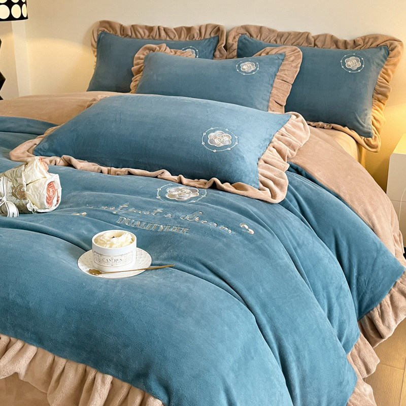 冬季牛奶绒四件套刺绣床上加厚保暖法兰珊瑚床单被套双面加绒裸睡