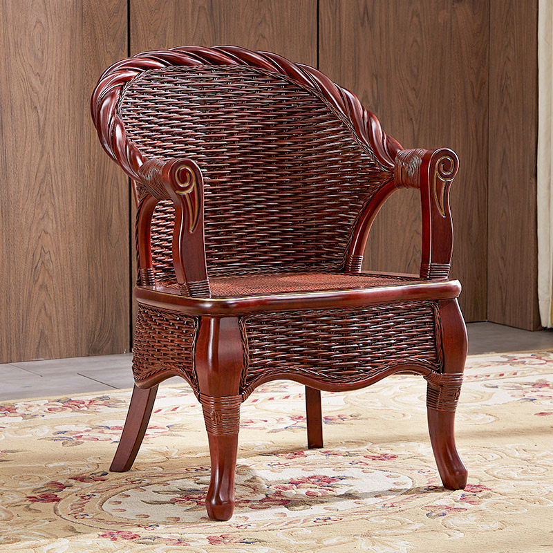 家用藤椅天然真藤实木三件套茶桌椅组合单人老人休闲靠背腾小椅子