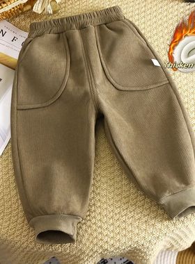 Winter New Kids Thickened Fleece Lined Pants Solid Color Cuf