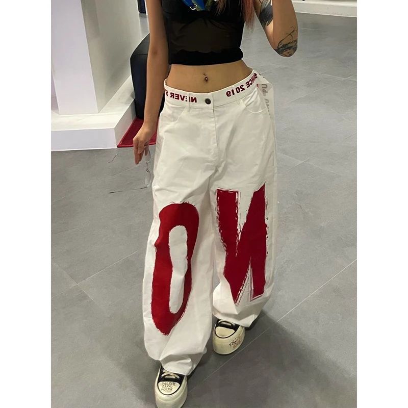 ZHIZOU Women White Letter Print Y2k Baggy Jeans 2000s Style图片