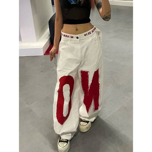 ZHIZOU Women White Letter Print Y2k Baggy Jeans 2000s Style