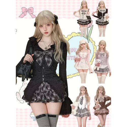 Japanese Sweet Preppy Style 2 Piece Set Women Kawaii Lace Pa