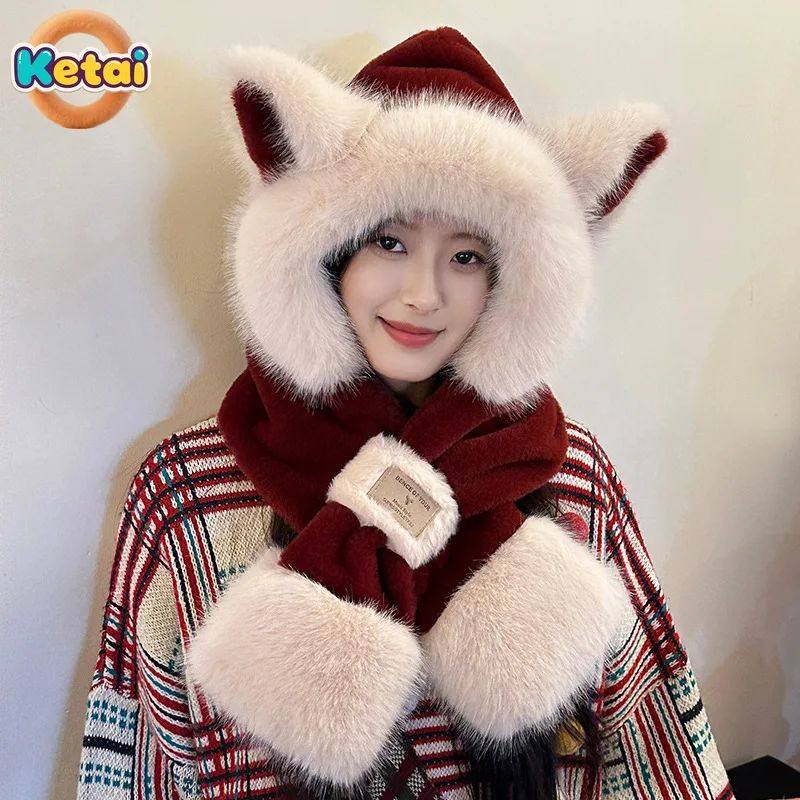 Ladies Lei Feng Hat Plush Cute Fox Ear Hat Scarf One-piece W