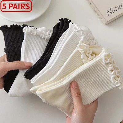 5 pair /Lot Socks for Women Ruffle Cotton Middle Tube Ankle