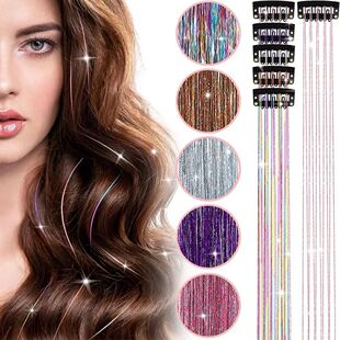 6Pcs 50cm Sparking Shiny Hair Tinsel Hair Extensions Tinsel