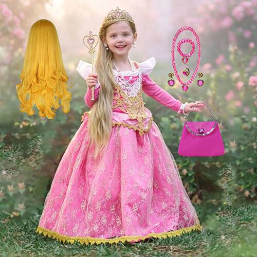 Girl Pink Lace Luxury Princess Dress Sleeping Beauty Long Sl