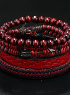 Fashion Vintage Men's Leather Bracelet Cupid's Arrow Wooden
