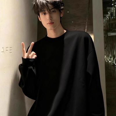 美式重磅黑色加绒卫衣男款加厚秋冬无帽长袖t恤青少年内搭打底衫