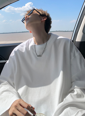 纯棉长袖t恤男秋冬季2025新款青少年加厚重磅打底衫宽松圆领上衣