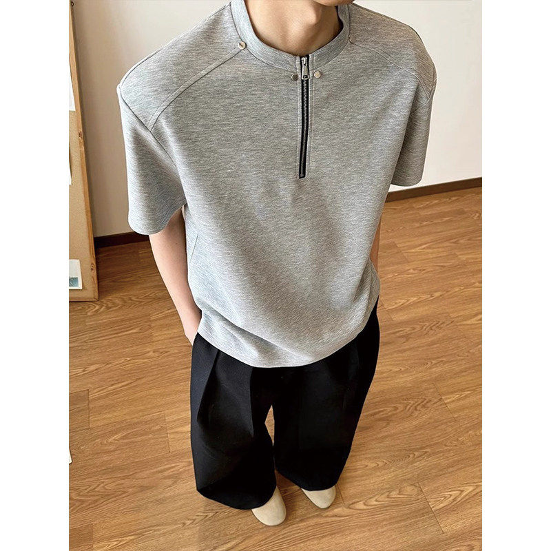 美式柳钉垫肩亨利领短袖t恤男2026夏季重磅高街设计感拉链半袖T恤