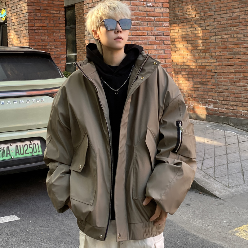 冬季PU皮棉服男工装外套宽松短款痞帅设计感棉衣加厚保暖立领棉袄