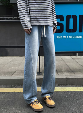 斜切浅蓝色牛仔裤男款美式复古弯刀裤子抽绳松紧腰cleanfit直筒裤