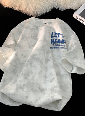 美式扎染短袖T恤男2025新款夏季宽松ins青少年重磅潮流圆领上衣