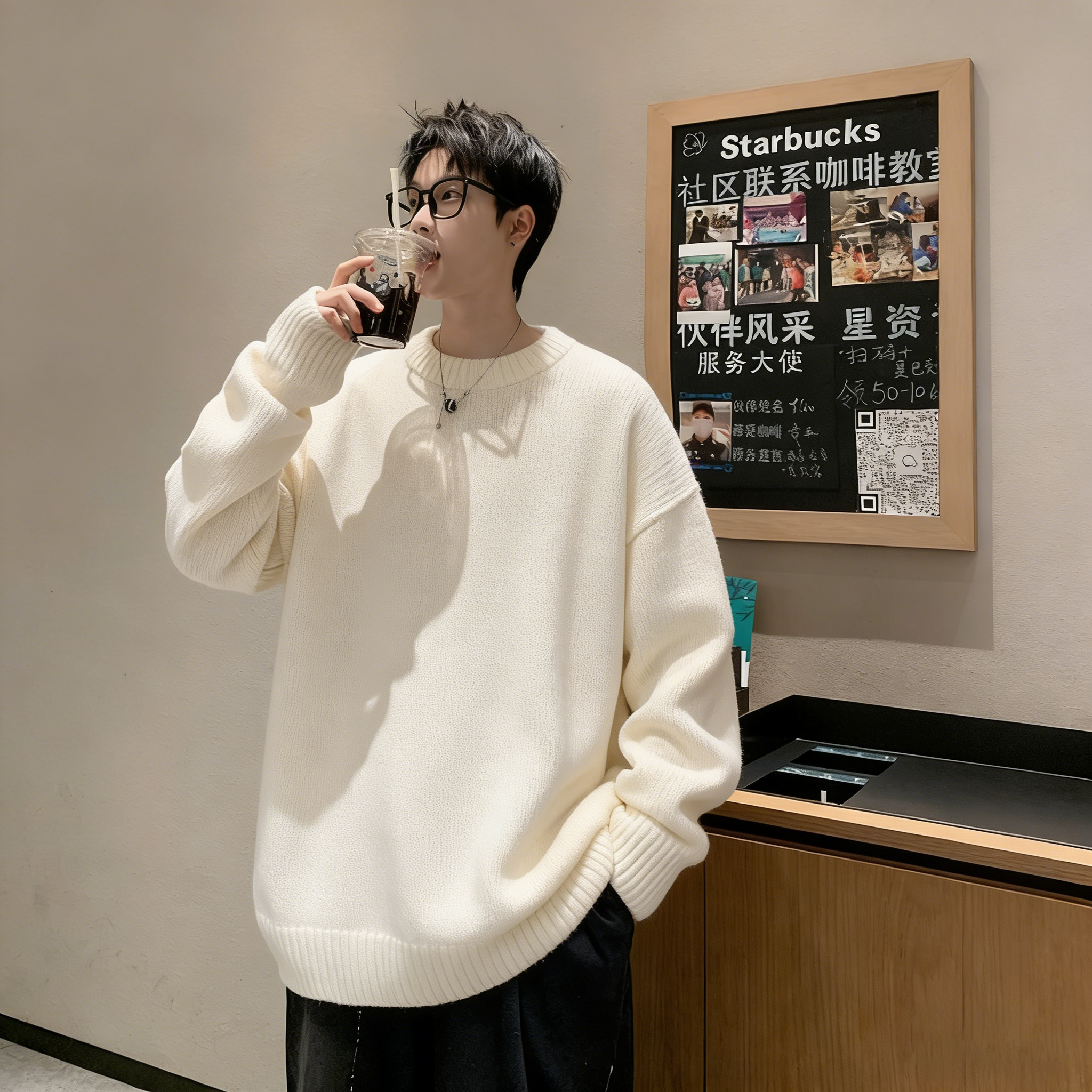 男款冬季2025新款宽松白色毛衣打底衫高端纯色软糯套头针织衫上衣