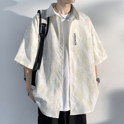 冰丝短袖男款衬衫夏天高级感白色休闲宽松痞帅夏季五分袖上衣潮牌
