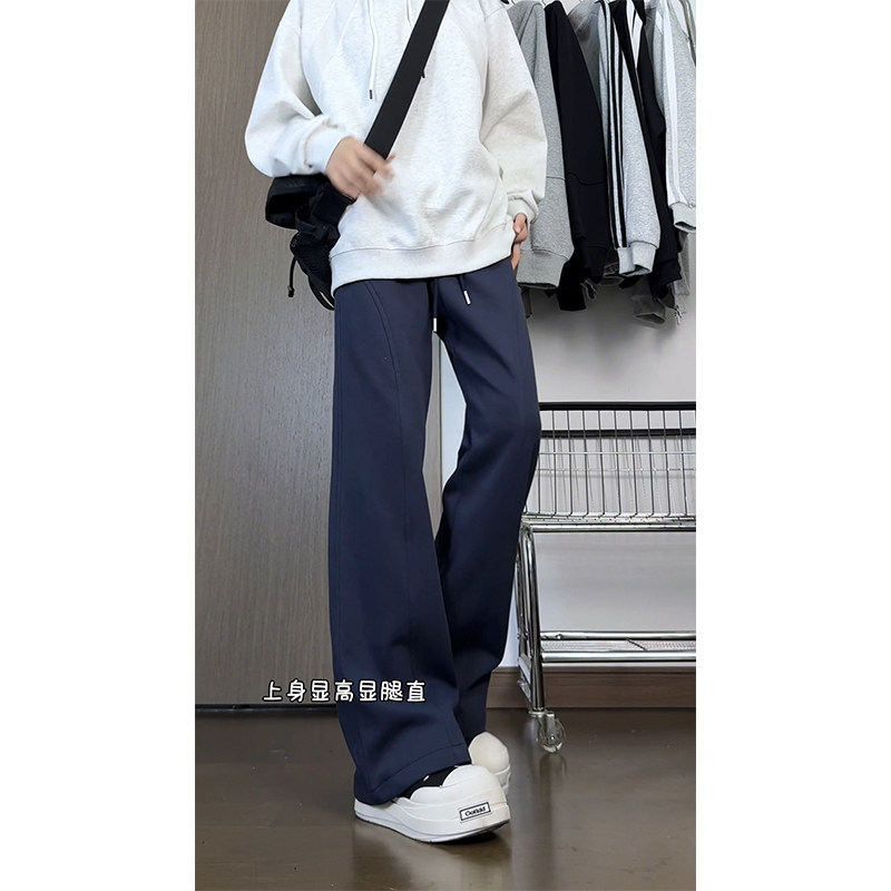 藏青色斜切弯刀卫裤男款宽松阔腿镰刀裤子美式高街重磅运动休闲裤