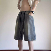 男2025新款 复古高街直筒五分裤 夏季 星空纹牛仔短裤 薄款 美式 中裤 子