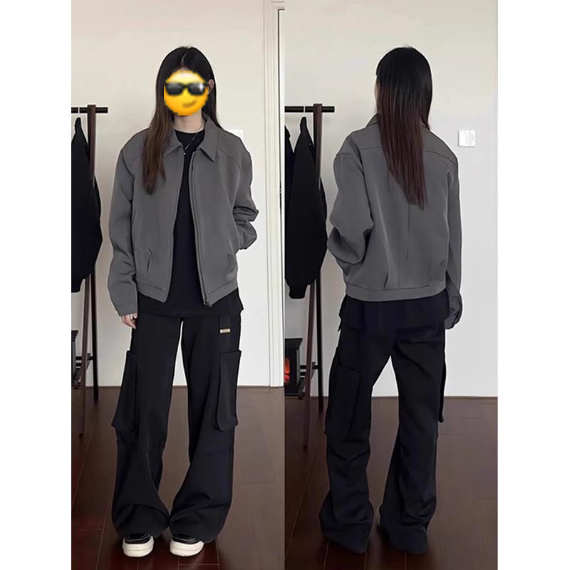 深灰色短款外套男款春秋cleanfit潮牌设计感痞帅炸街翻领飞行夹克
