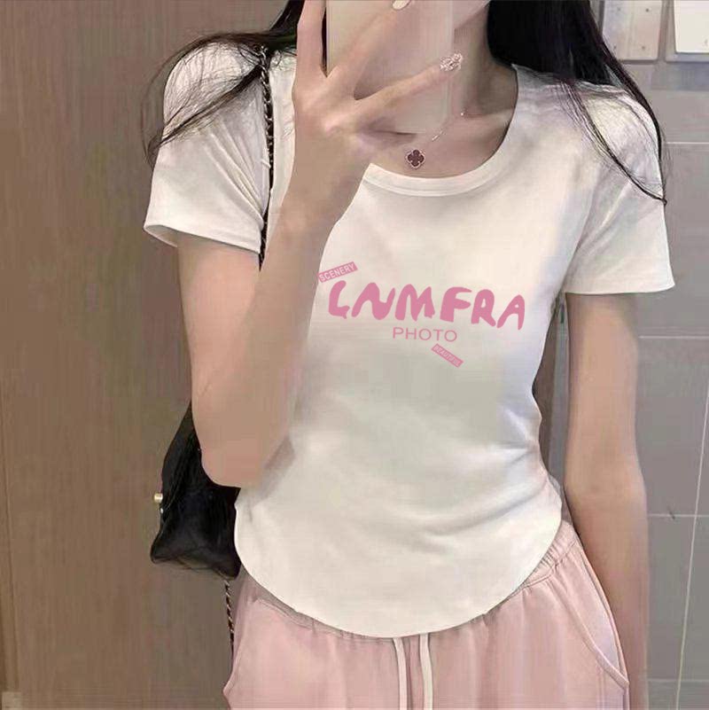 新款正肩不规则短袖高腰显瘦T恤女短款修身字母小个子上衣女潮ins