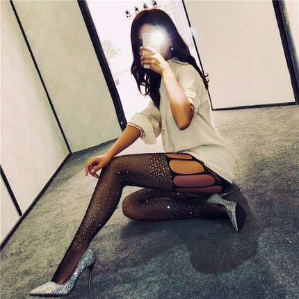 渔网袜带钻黑丝袜女薄款吊带一体连裤袜子黑色ins潮蕾丝JK情趣