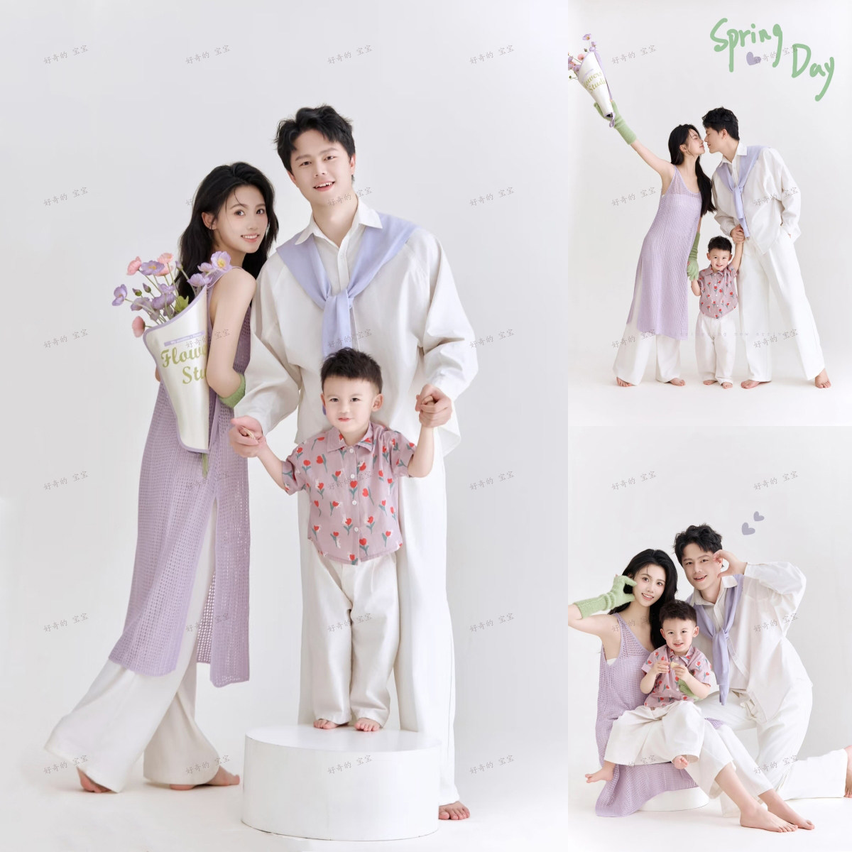 影楼摄影服装亲子装拍照衣服一家三口全家福套装紫色针织衫写真照