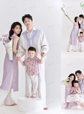 影楼摄影服装亲子装拍照衣服一家三口全家福套装紫色针织衫写真照