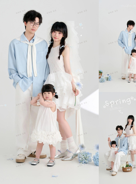 亲子摄影服装小红书款一家三口蓝色主题亲子装影楼拍照套装全家福