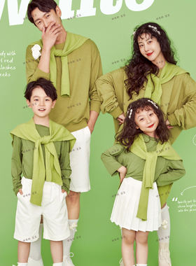 2026新款影楼儿童一家四口绿色休闲小清新家居风格摄影拍照亲子装