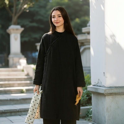 苎麻黑色植物染做旧斜襟盘扣中长夹棉复古棉衣 保暖加厚连衣裙