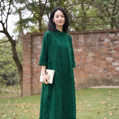 绿色提花复古香云纱淑女旗袍裙