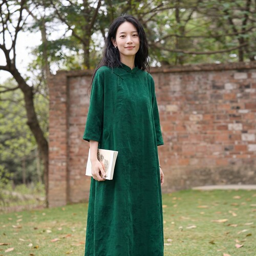绿色提花复古香云纱淑女旗袍裙