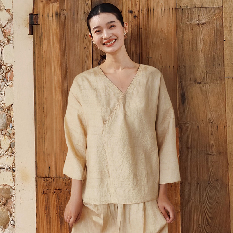双宫柞蚕丝轻中式斜襟披衫