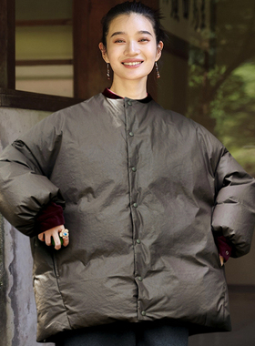 知笔墨复古花苞型纯棉油蜡鹅绒服 95白鹅绒中款栗子色宽松羽绒服