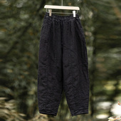 宽松阔腿裤 知笔墨植物染亚麻宽松纹理保暖百搭棉裤 复古做旧大码