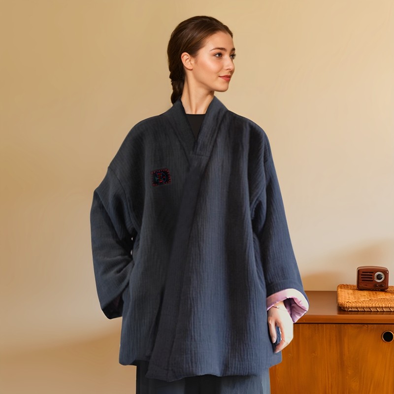 靛蓝色棉麻夹棉系带保暖棉袄