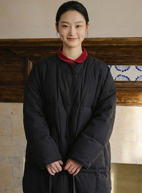 知笔墨小众设计双面穿羽绒服 春季宽松包容保暖中长黑色95鹅绒服
