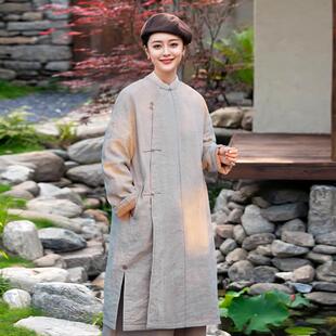 知笔墨春季 斜襟夹棉连衣裙 禅意盘扣棉袍 纯色汉麻立领中式 新中式