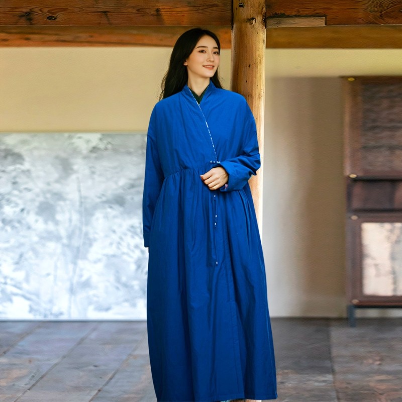 廓形版蓝色进口马棉长款棉服女 知笔墨冬夹棉加厚气质显瘦大棉袍