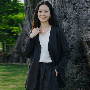 知笔墨黑色香云纱极简无领西服 V领无扣通勤上衣 2026春新品