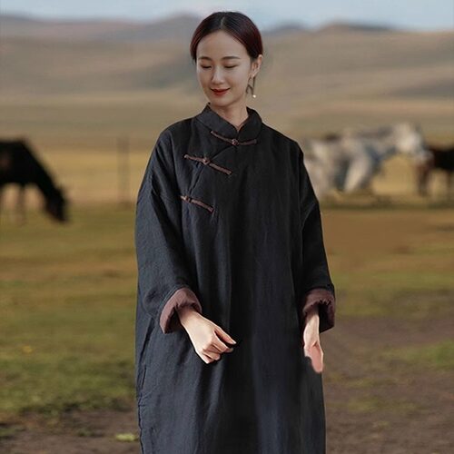 回馈款民族风复古黑色苎麻棉袍