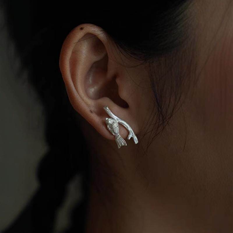 树枝小鸟耳钉999银女轻奢小众设计感2024新款手工耳环轻奢松弛感
