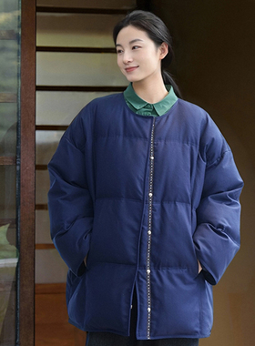 知笔墨蓝色设计感文艺羊毛鹅绒羽绒服  2025冬新款宽松廓形外套