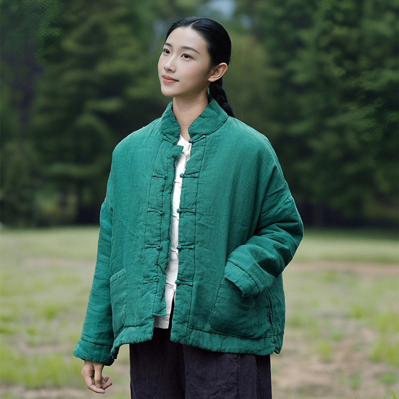 知笔墨布衣中式国风短款茶绿色棉服 冬复古对襟亚麻显瘦夹棉外套,女装/女士精品,棉衣/棉服,淘宝优惠券,粉丝福利购,淘宝优惠卷