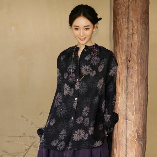 小雏菊印花红云纱桑蚕丝真丝上衣